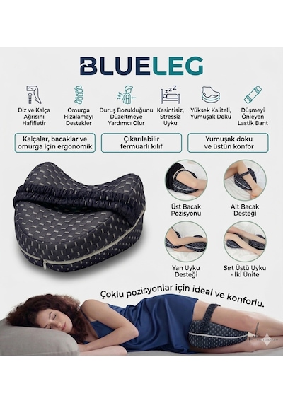 WhiteBlanco Blueleg Ortopedik Bacak Arası Yan Yatış Yastığı Ergonomik Uyku Minderi Lastikli Lacivert