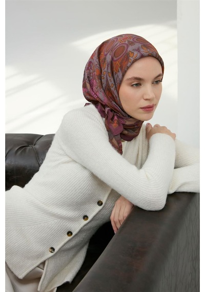 Silk Home Viskon Velora Eşarp Mürdüm Çok Renkli Desenli Tok Duruşlu 90x90