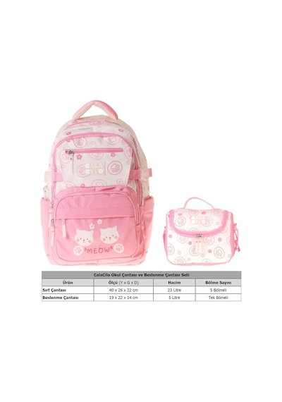 Calacilo Kız Çocuk İlkokul Sırt Çantası Ve Beslenme Seti - Kedi Baskılı Pembe Setcc-c4038b Pembe - Krem