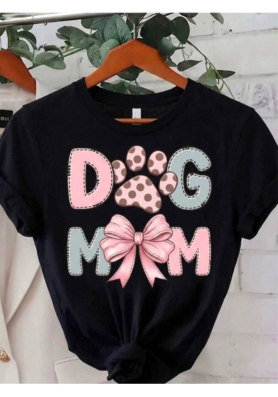 Kadın Dog Mom Baskılı Pamuklu T-shirt Siyah