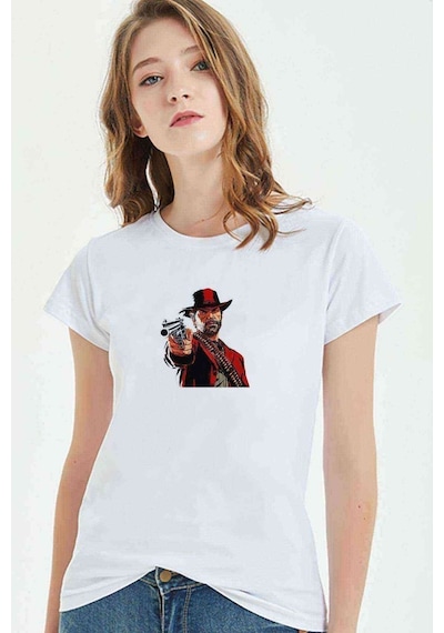 Red Dead 2 Arthur Morgan Baskılı Beyaz Kadın Tshirt