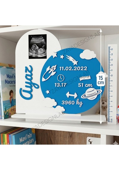 Kişiselleştirilmiş 3d Tasarım Bebek Odası Dekoru Doğum Bilgileri Süsü- Yenidoğan Hediyelik / 15 Cm Açık Mavi