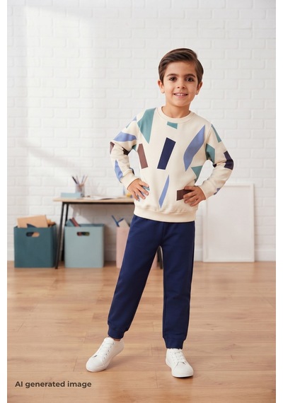 Pina Kids Erkek Çocuk Geometrik Desenli Okul Günlük Eşofman Takımı Esf7038 Lacivert