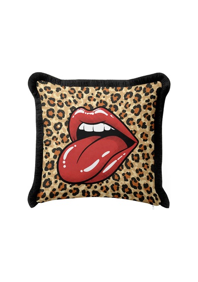 Pop Art Dudak Leopar Desenli Saçaklı Yastık Kılıfı-fenomen Kırmızı Eklektik Püsküllü Kırlent Kılıfı Soft Göl Taş