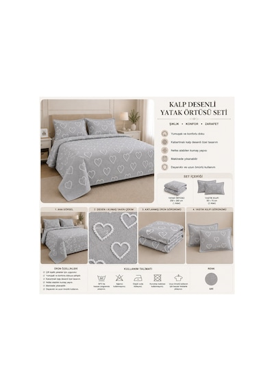 Gri Kalp Desenli Çift Kişilik Yatak Örtüsü Seti 250x260 Cm + 2 Adet Spor Yastık Kılıfı Çok Renkli