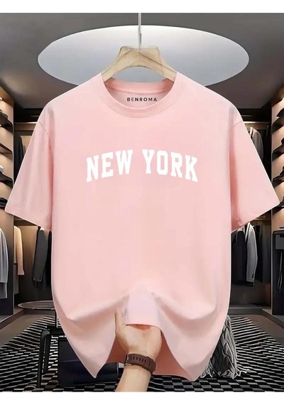 New York Beyaz Baskılı Oversize Tişört Pembe