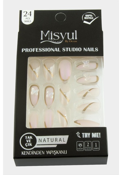 Misyul - 795 - Taşlı Takma Tırnak 24 Adet - Ilkestor - Açık Pembe