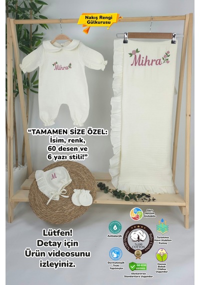 Gros Shop Müslin Yeni Doğan 4katlı Organik %100pamuk Kişiye Özgü Nakışlı Hastane Çıkış Seti Güllü Mode-3 Ekru-2