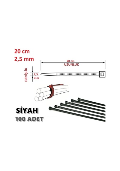 100 Adet 20Cm X 2.5Mm Plastik Kelepçe Kablo Bağı Siyah