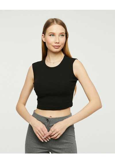 Bella Dossi Rahat Siyah Kaşkorse Kolsuz Sıfır Yaka Kadın Crop Top Siyah