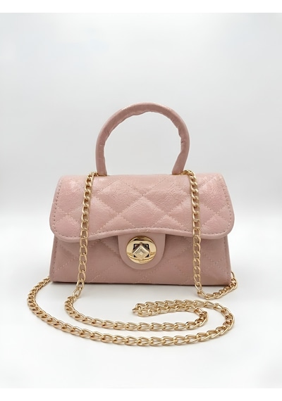 Satuna Parlak Kapitone Mini Çanta Astar Detaylı Zincir Askılı Kadın El Ve Omuz Çantası 19x12 Cm Pembe
