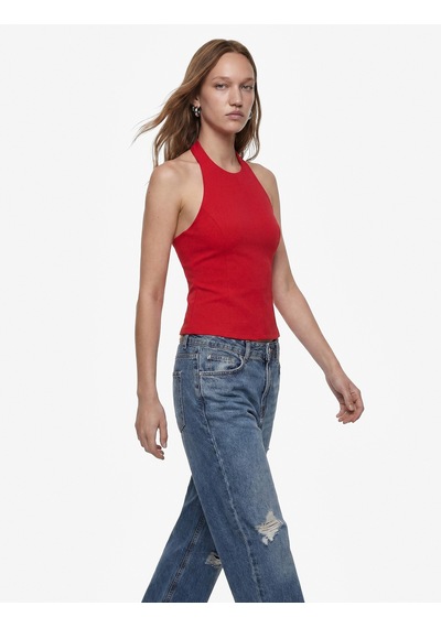 Koton Slim Fit Bel Vurgulu Halter Yaka Kolsuz Peplum Bluz Kırmızı 6sal30289ık
