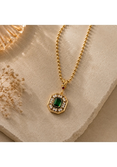 Premium Gold Renk Parlak Ve Şık Yeşil Taş Detaylı Baget Kesim 316l Çelik Kadın Kolye 45cm Altın - Yeşil