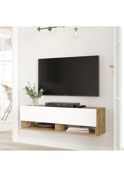 Aven Tv Ünitesi Tv Sehpası Raflı Kapaklı 100cm Çam-beyaz Ave13-aw Beyaz