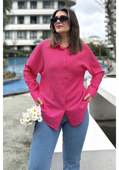 WeShaya Kadın Fuşya Basic Model, Gofre Kumaş, Salaş Gömlek Fuşya