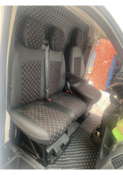 Peugeot Boxer Uyumlu 2+1 3 Kişilik Siyah Zemin Beyaz Nakışlı Taytüyü Siyah Deri Karışımı Beyaz Ip