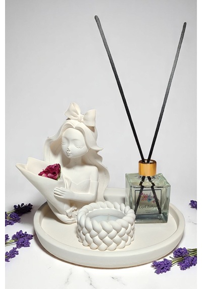 Dekoratif Vazo, Oda Kokusu Ve Mum Seti - Vazo+oda Kokusu+tealight Mumluk Ve Mum+yuvarlak Tepsi Beyaz
