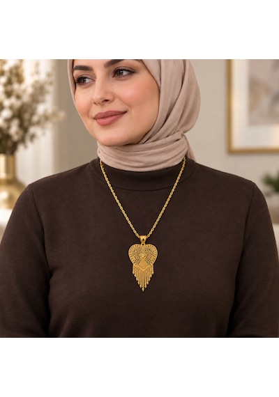 Gold Renk Kalp İçinde Çiçek Motifli Püsküllü Uzun Kadın Kolye 60+5 Cm Renkli