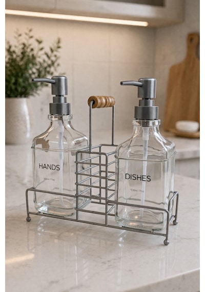 Makri Home Lüks Bambu Kulplu Gri Metal Stantlı İkili Cam Sıvı Sabunluk 500 Ml, 23x9x23,5 Cm