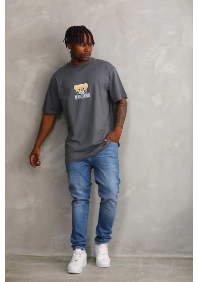 Erkek Baskılı T-shirt Kısa Kol Bisiklet Yaka Rahat Kalıp Tişört - Füme Füme