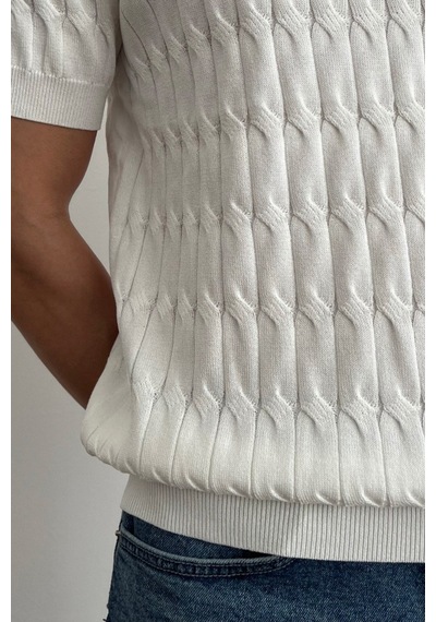 Tarz Cool Erkek Hakim Yaka Düğmeli Slim Fit Triko T-shirt Beyaz
