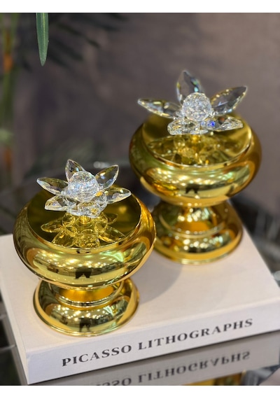 Chacha Home 2'li Metal Ayaklı Kristal Lotus Kapaklı Şekerlik Seti 18 Cm & 15 Cm Dekoratif Lokumluk Ve Ikramlık Kavanoz Gold