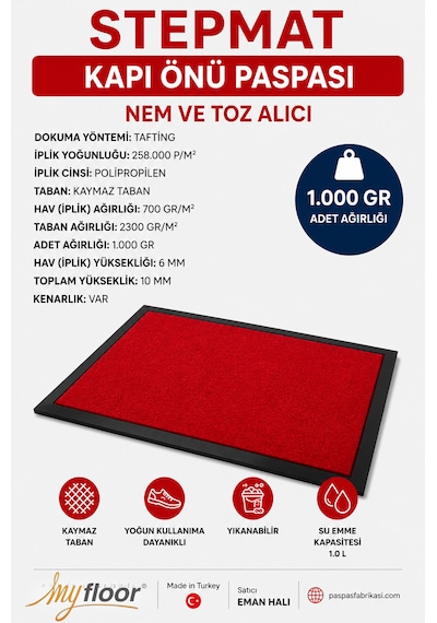 Nem Alıcı Toz Tutucu Çamur Sıyırıcı Pvc Taban Ve Pvc Bordürlü Velür Kırmızı Halılı Kapı Önü Paspası