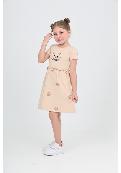Toontoy Kids Toontoy Kız Çocuk Kedi Baskılı Elbise Bej