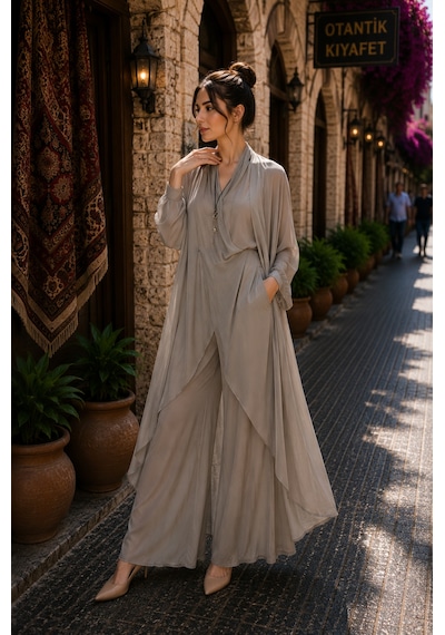 Bohem Stil Italyan Ipek Detaylı Oversize Kap Bluz- Wes Pantolon Takım Koyu Vizon