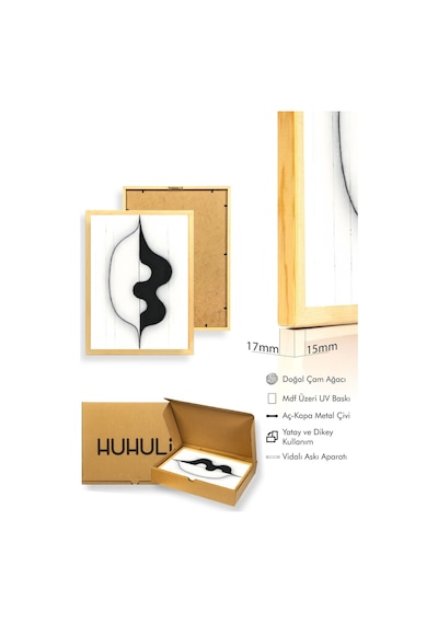 Doğal Ahşap Çerçeveli Soyut Siyah-beyaz Desenli Tablo - Minimal Huhu1193