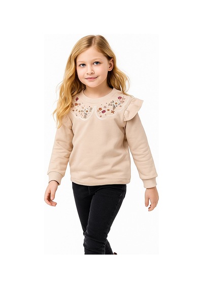 Overdo Kids Fırfırlı Yakası Çiçek Nakışlı 2 İplik Uzun Kol Kız Çocuk Sweatshirt Krem