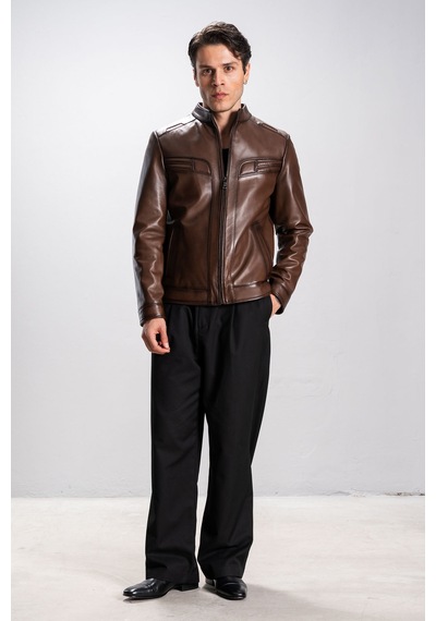 Dericlub Albert Erkek Hakim Yaka Slim Fit Gerçek Deri Mont Camel Antik Camel