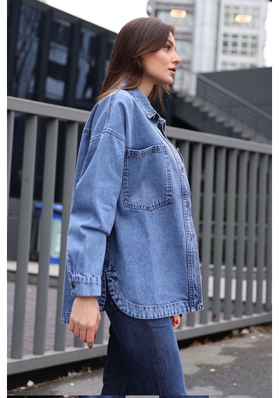Hiccup Bdart Oversize Denim Ceket, Gömlek Yaka Ve Cep Detaylı Lacivert