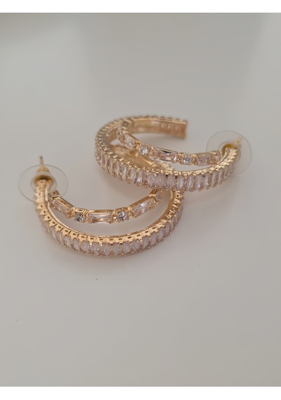 İkili Yarım Halka Model Zirkon Taşlı Antialerjik Vip Halka Gold Renk Küpe Antialerjik Gold