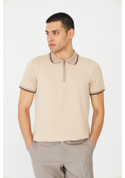 Bej Modern Kesim Fermuarlı Polo Yaka Erkek T-shirt Bej