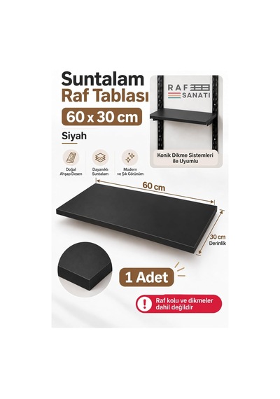 Tr 1 Adet - Suntalam Raf Tablası 60x30 Cm Siyah Ahşap Raf Konik Dikme Sistemleri İle Uyumlu Genel