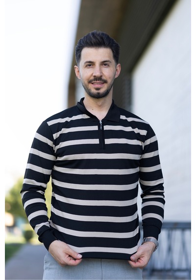 Hk Premium Kazak Fermuarlı Polo Yaka Çizgili Triko Sweatshirt Siyah