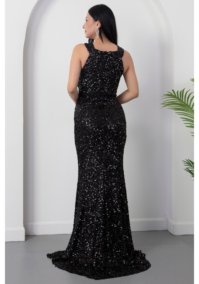 Kalopya Halter Yaka Yırtmaçlı Pulpayet Elbise Ecr5482 Siyah