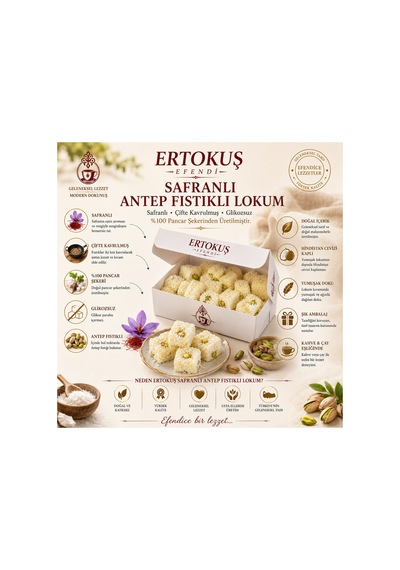 Safranlı Duble Antep Fıstıklı Lokum Çifte Kavrulmuş %100 Pancar Şekeri 250 Gr - 879977613