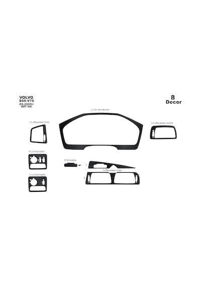 Volvo S60 / V70 Uyumlu Torpido Kaplama 2005-2009 8 Parça Siyah Karbon
