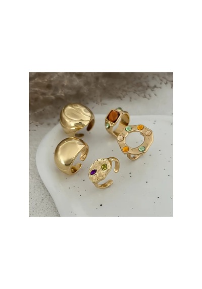 Zenya- 5'li Mavi Turuncu Taşlı Şık Tasarım Vintage Çoklu Gold Altın Bohem Yüzük Seti