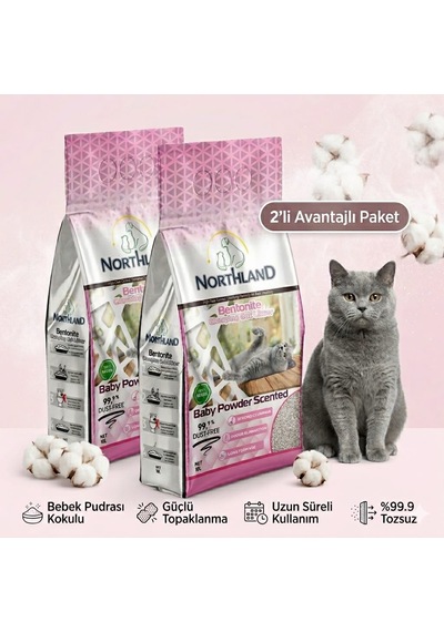 Northland Doğal Bentonite- Süper Topaklanan Bebek Pudrası Kokulu Kedi Kumu 10 Lt X 2 Adet