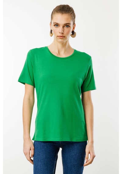 Kadın Sıfır Yaka Basic Penye T-shirt A.yeşil Yeşil