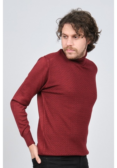 Ateş Triko Erkek Balıkçı Yaka Desenli Yün Kazak 6091598 Bordo Bordo