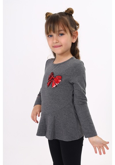 Toontoy Kids Toontoy Kız Çocuk Göğsü Pullu Fiyonklu Nakışlı T-shirt Antrasit