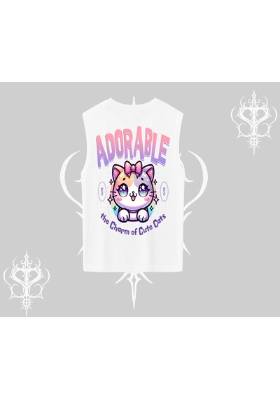 Tarzsokak Adorable Kawaii Kedi Arka Baskılı Kolsuz Tshirt Beyaz