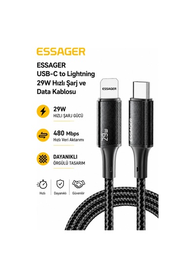 Essager 29w Usb-c To Lightning Hızlı Şarj Ve Data Kablosu 2 Metre Apple iPhone Uyumlu 480mbps Örgülü Desen - Ben10
