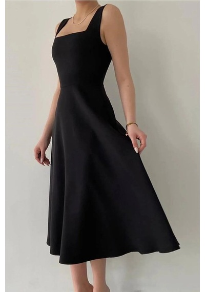 Unika Boutique Kadın Siyah Kare Yaka Askılı Uzun Siyah Elbise Karesiyah