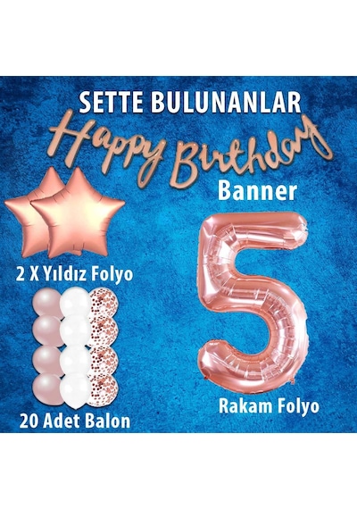Rose Gold Konsept 5 Yaş Doğum Günü Kutlama Seti Beyaz Gold Konfetili Balon, Rakam Yıldız Folyo Ve Banner