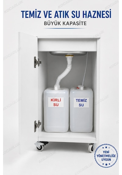 Yeni Yönetmeliğe Uygun Model Seyyar Lavabo Tekerlekli Mobil Lavabo Şarjlı Musluklu 10+10 L Hazneli Kurulu Beyaz